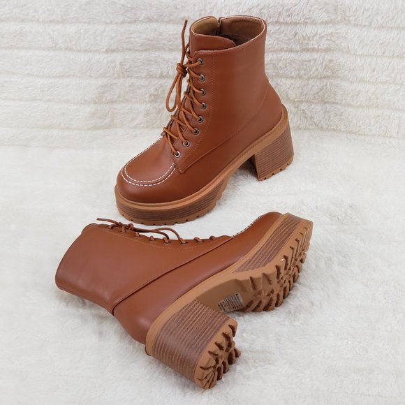 Light Weight Tan Wood Look Chunky Platform Combat Boots Stamp - Picture 11 of 12